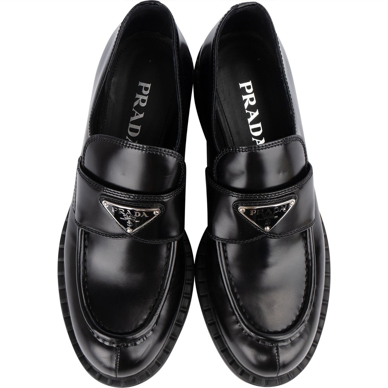 Prada Prada Black Brushed Leather Loafers (38) Zwart