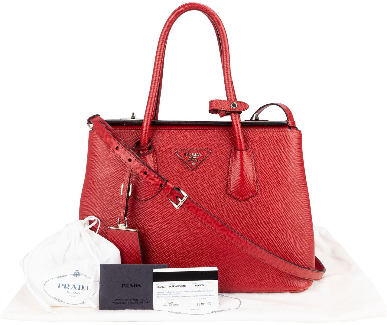 Prada Prada Red Saffiano Leather Double Handbag Rood