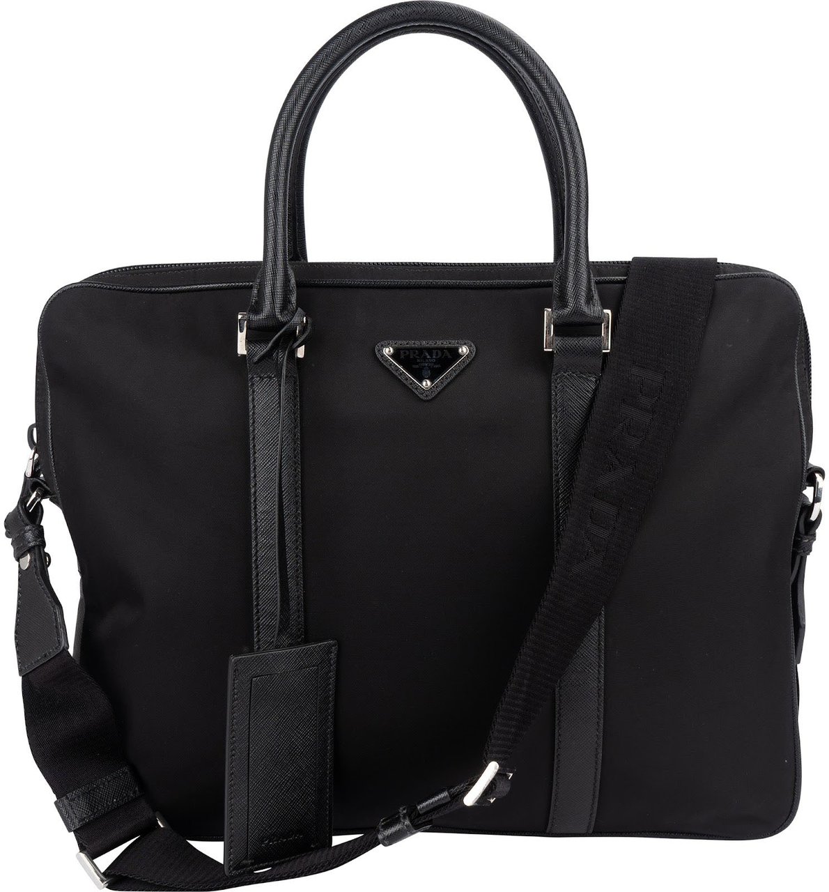 Prada Prada Nylon Saffiano Leather Triangle Business Handbag Zwart