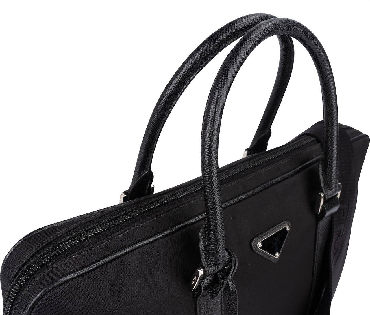 Prada Prada Nylon Saffiano Leather Triangle Business Handbag Zwart