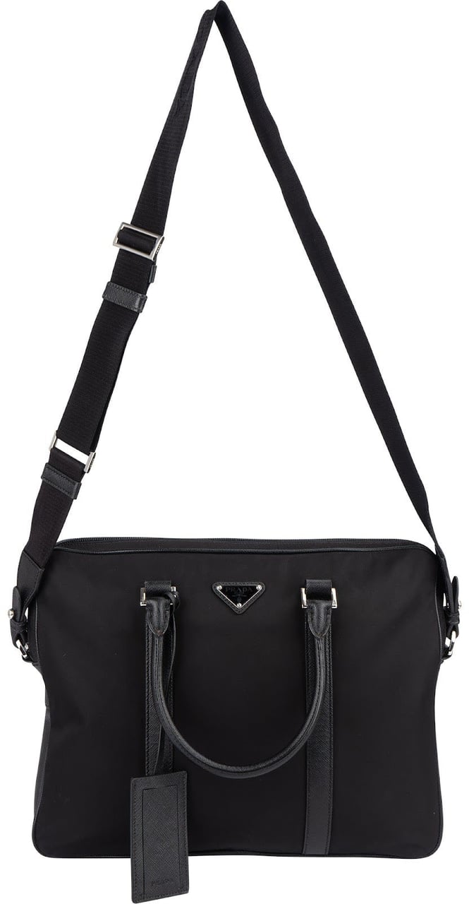 Prada Prada Nylon Saffiano Leather Triangle Business Handbag Zwart