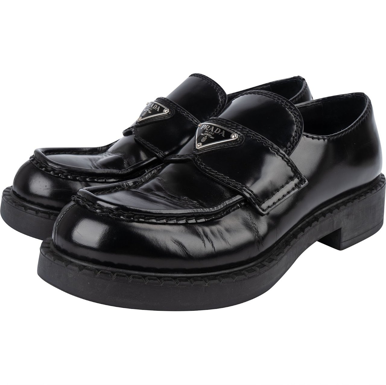 Prada Black Spazzolato Triangle Leather Loafer Shoes (39) Zwart
