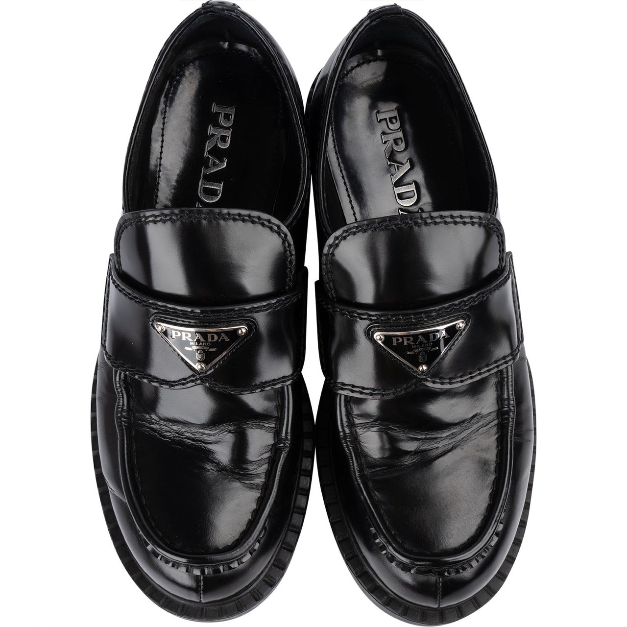 Prada Black Spazzolato Triangle Leather Loafer Shoes (39) Zwart