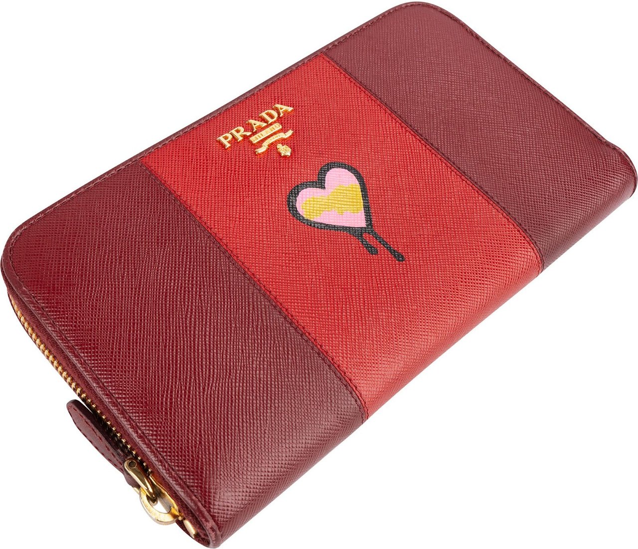 Prada Saffiano Leather Heart Print Zip Around Wallet Rood