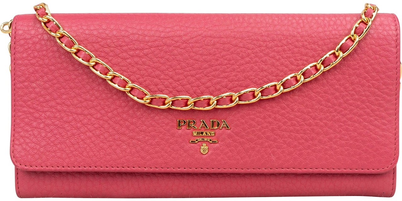 Prada Prada Pink Pebbled Leather Wallet on Chain Crossbody Bag Rood