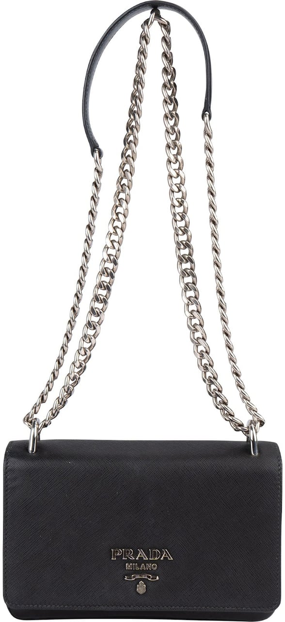 Prada Saffiano Leather Chain Wallet Crossbody Bag Zwart