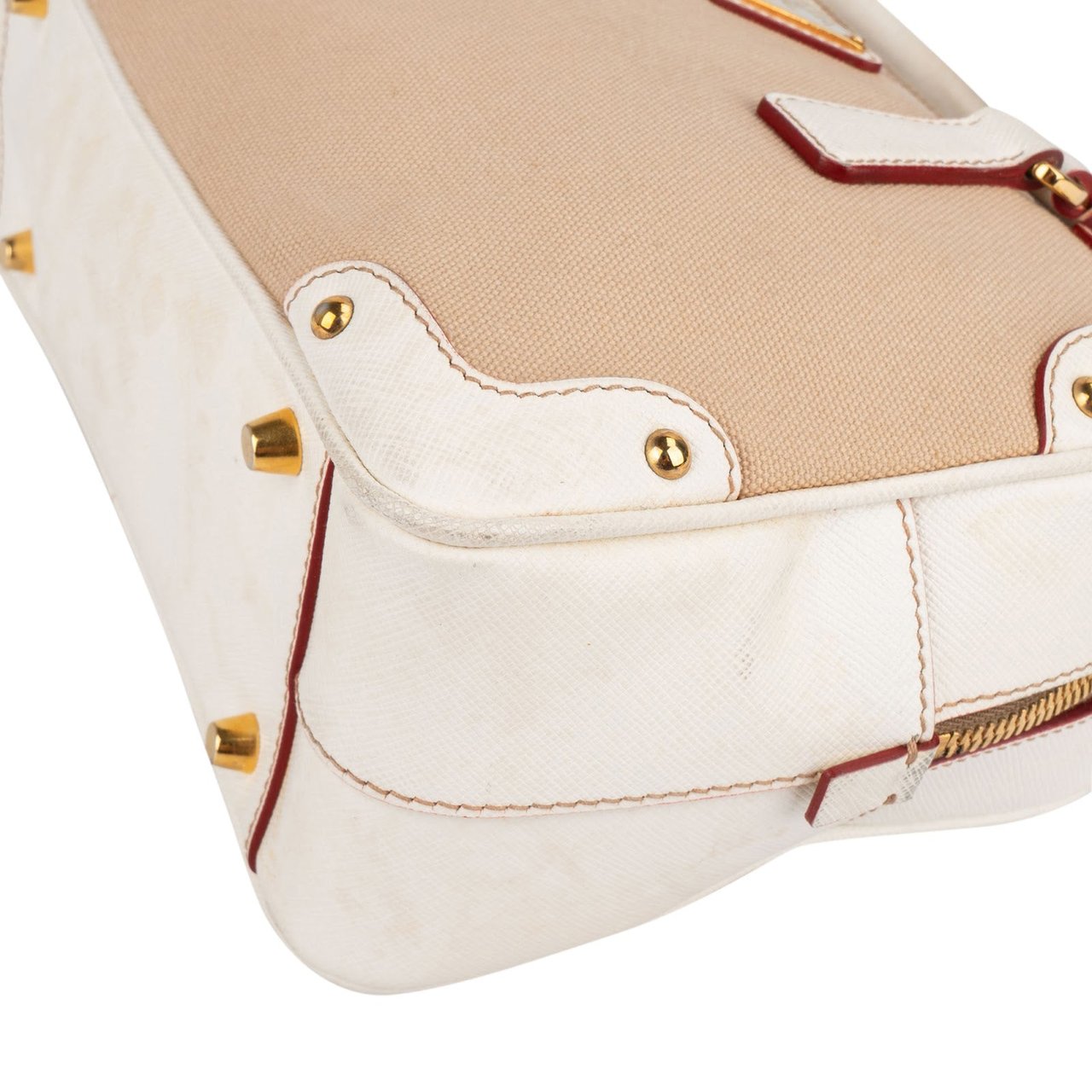 Prada Canvas Saffiano Leather Bauletto Handbag Wit