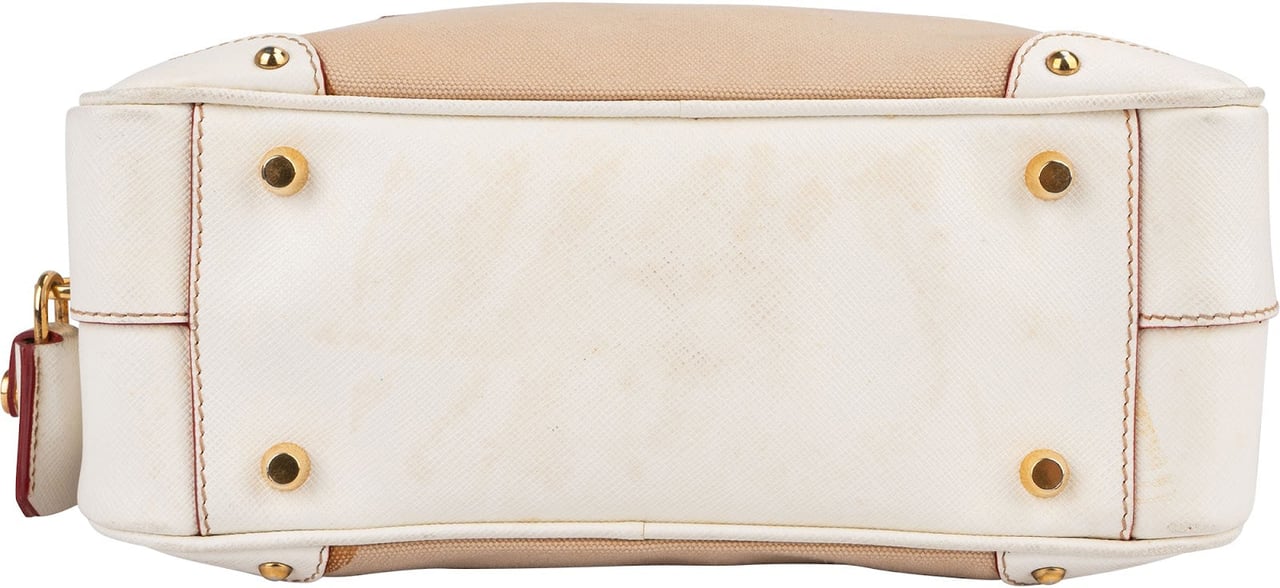 Prada Canvas Saffiano Leather Bauletto Handbag Wit