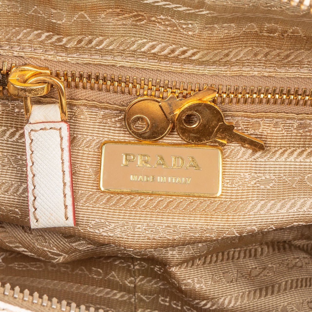 Prada Canvas Saffiano Leather Bauletto Handbag Wit