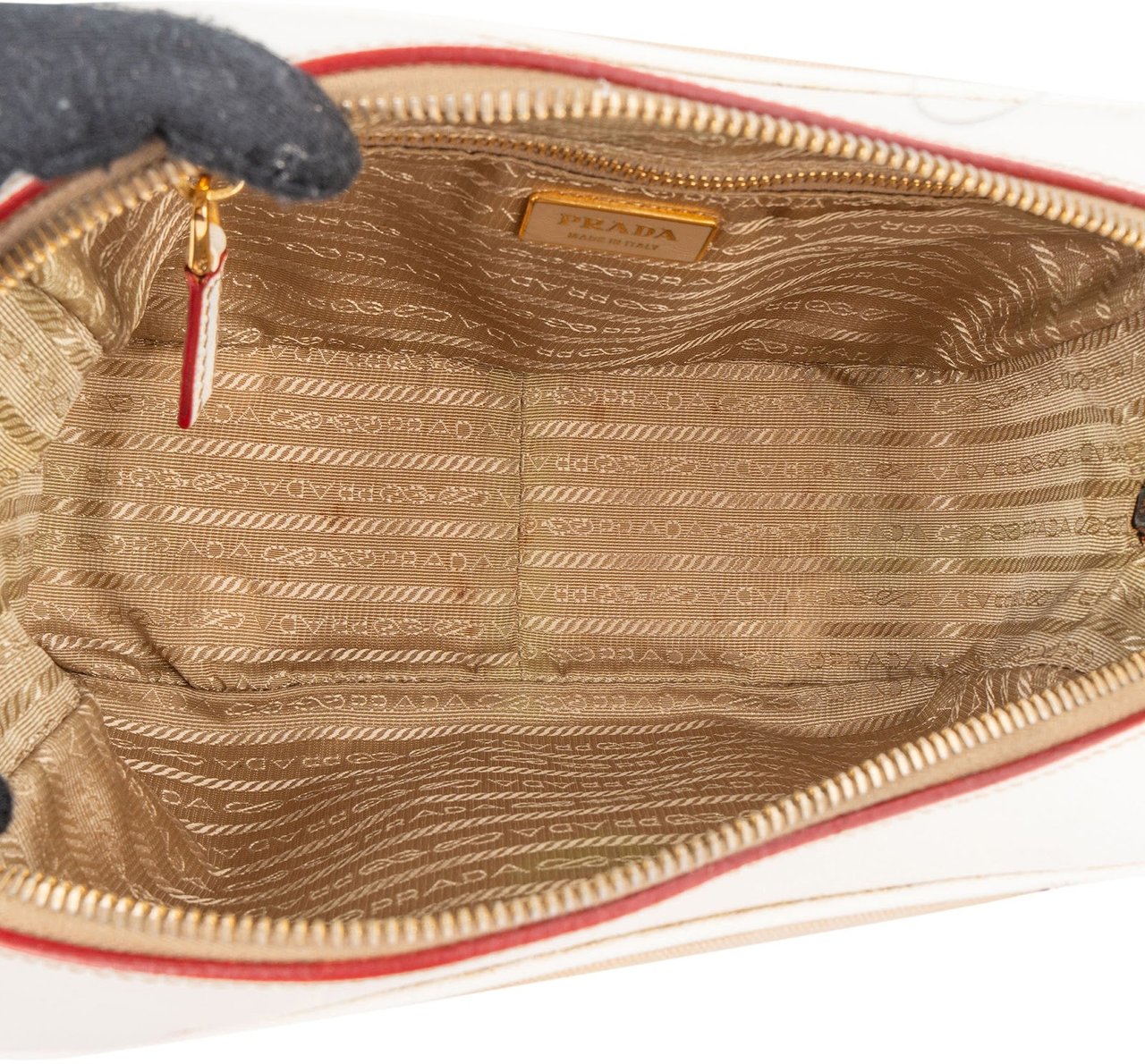 Prada Canvas Saffiano Leather Bauletto Handbag Wit