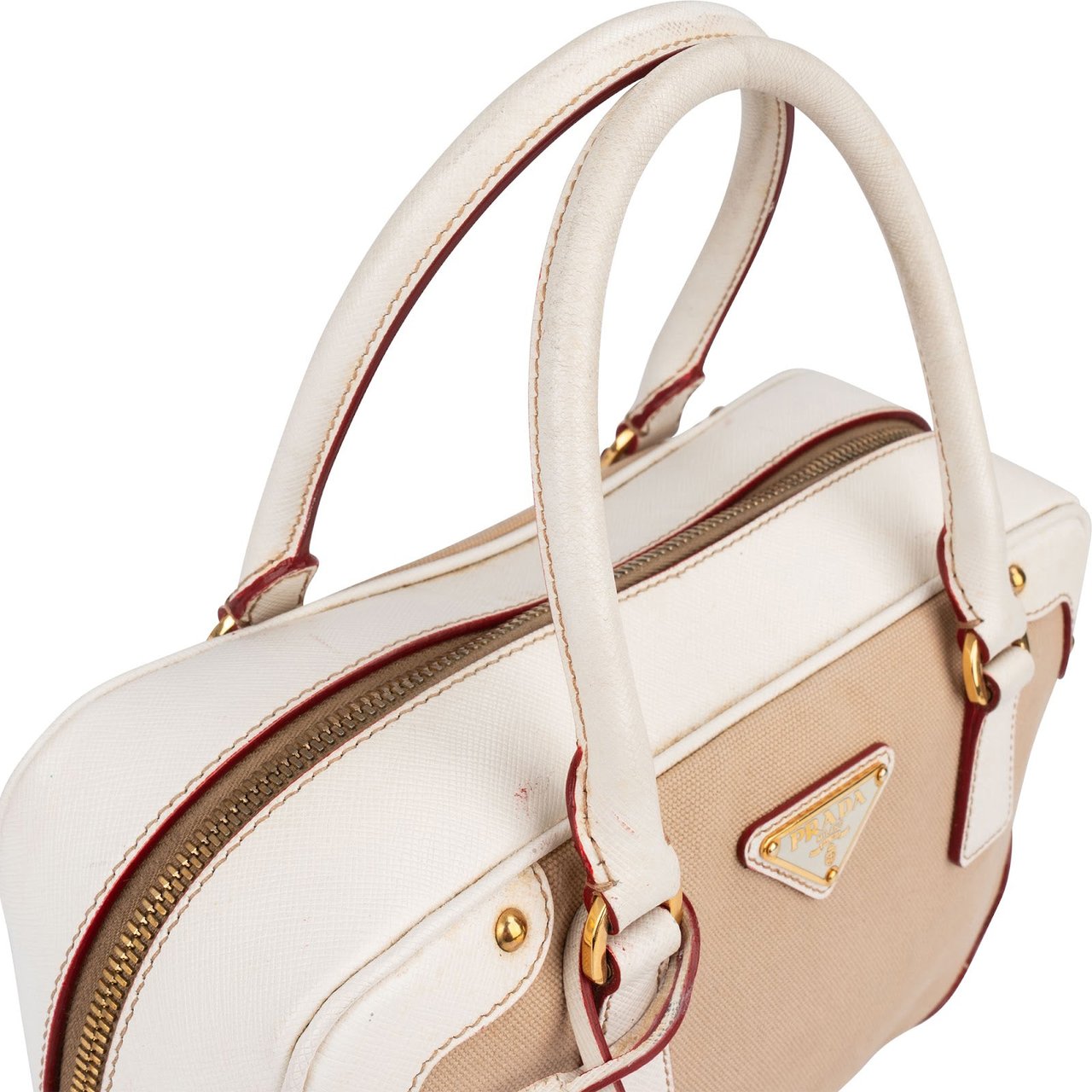 Prada Canvas Saffiano Leather Bauletto Handbag Wit