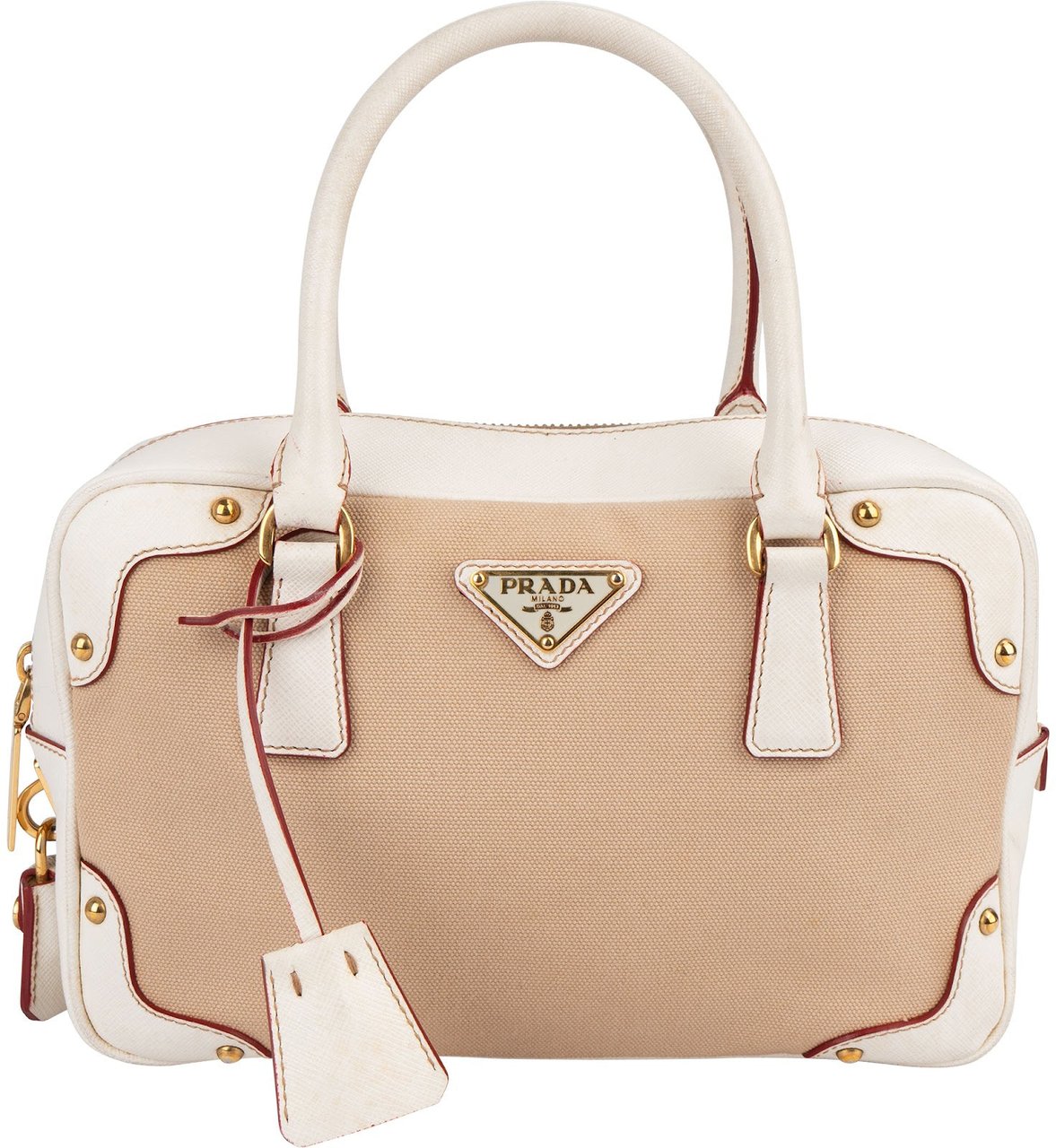 Prada Canvas Saffiano Leather Bauletto Handbag Wit