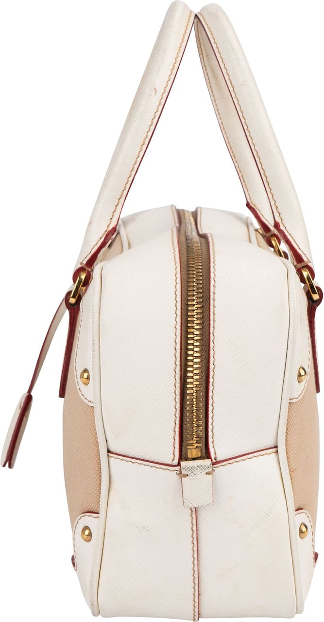 Prada Canvas Saffiano Leather Bauletto Handbag Wit