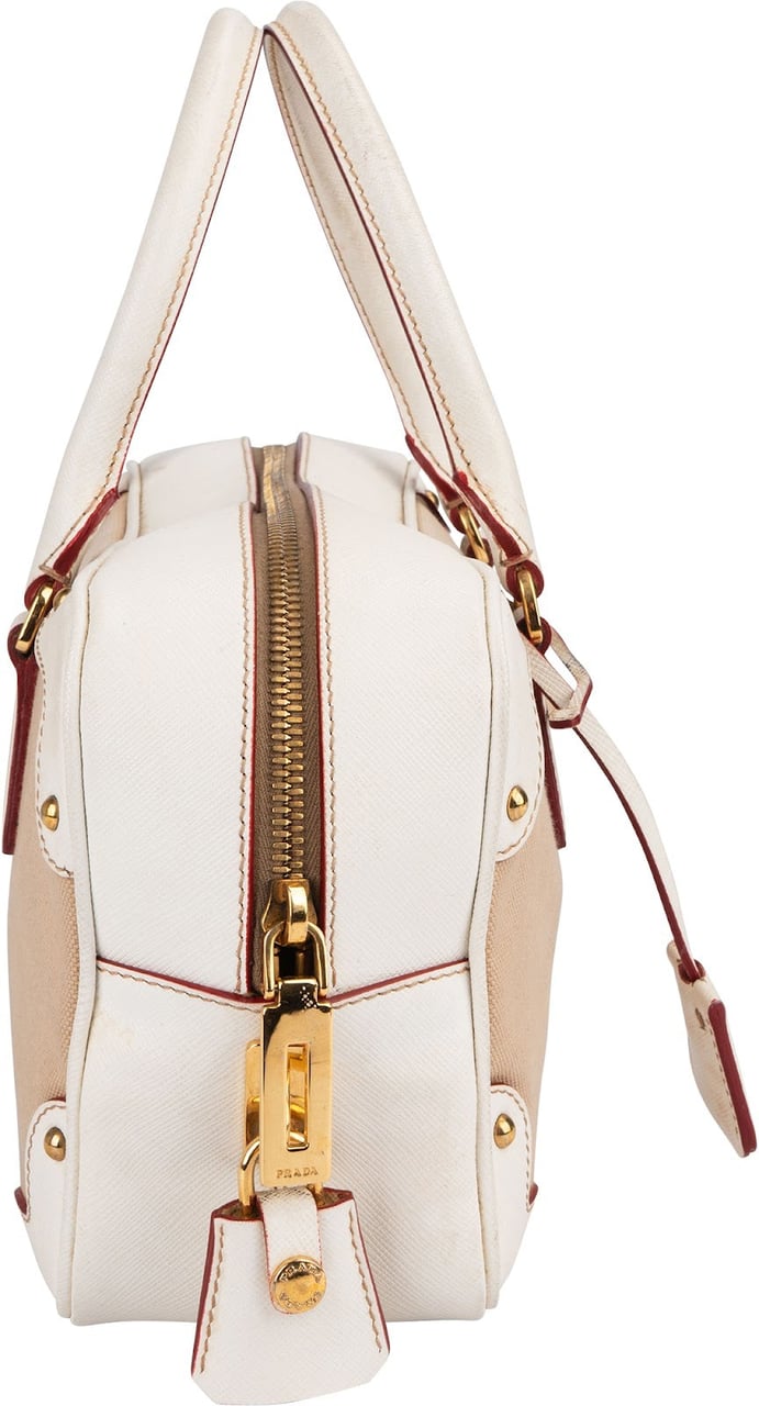 Prada Canvas Saffiano Leather Bauletto Handbag Wit