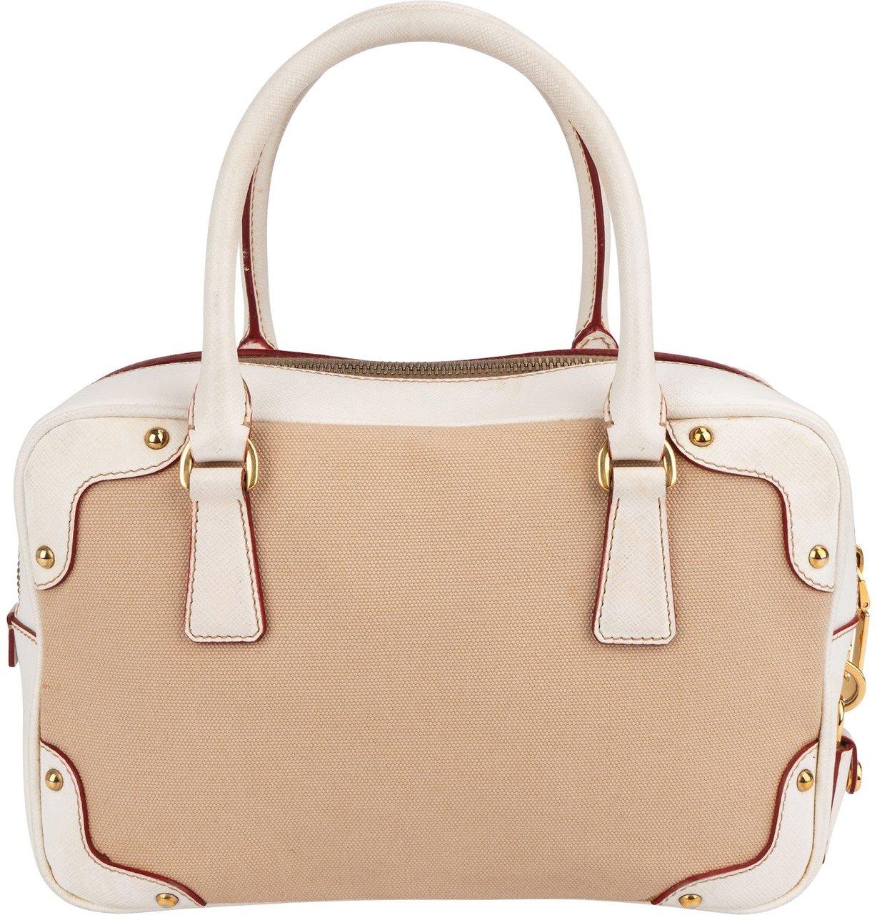 Prada Canvas Saffiano Leather Bauletto Handbag Wit