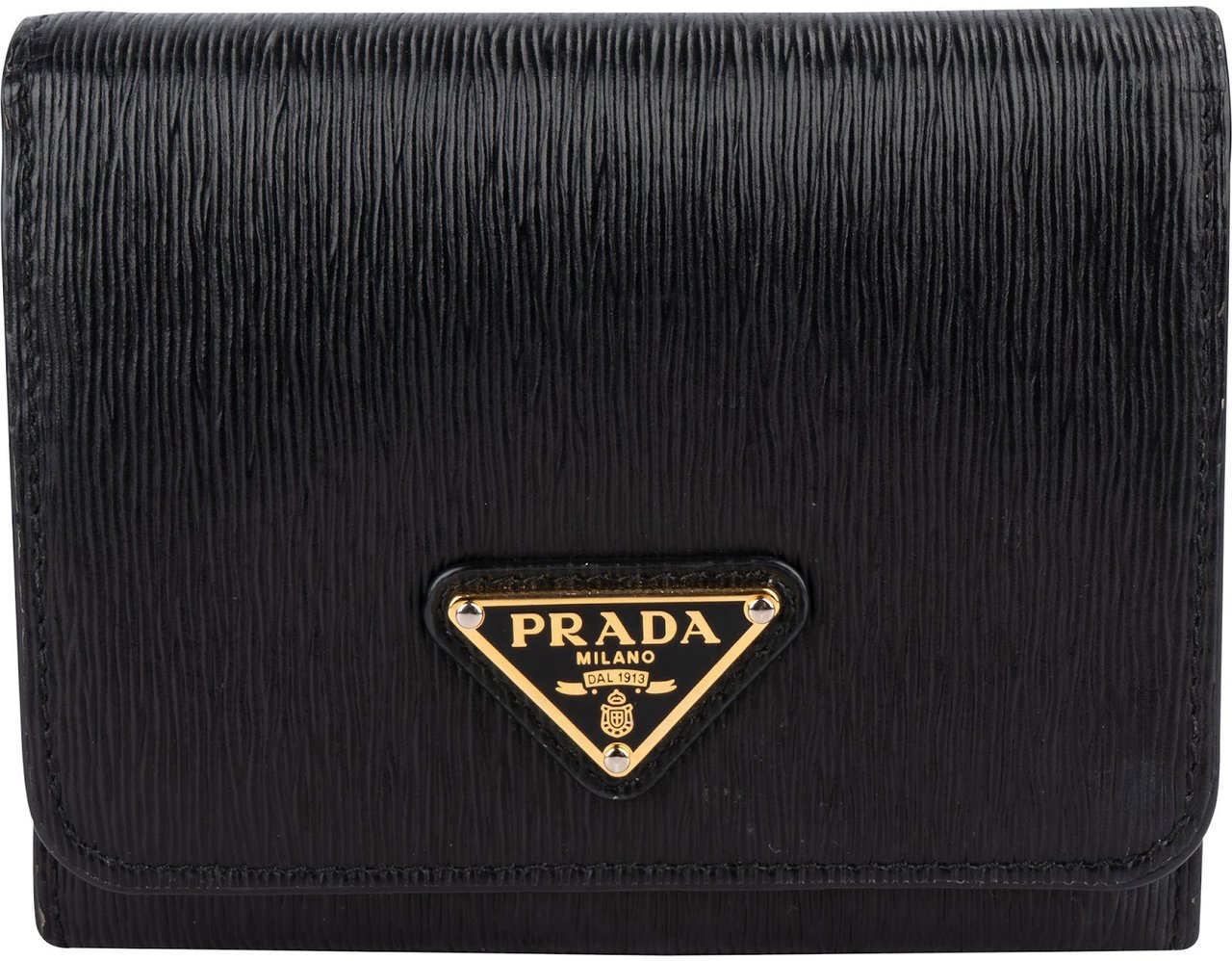 Prada Vitello Move Leather Small Trifold Wallet Zwart