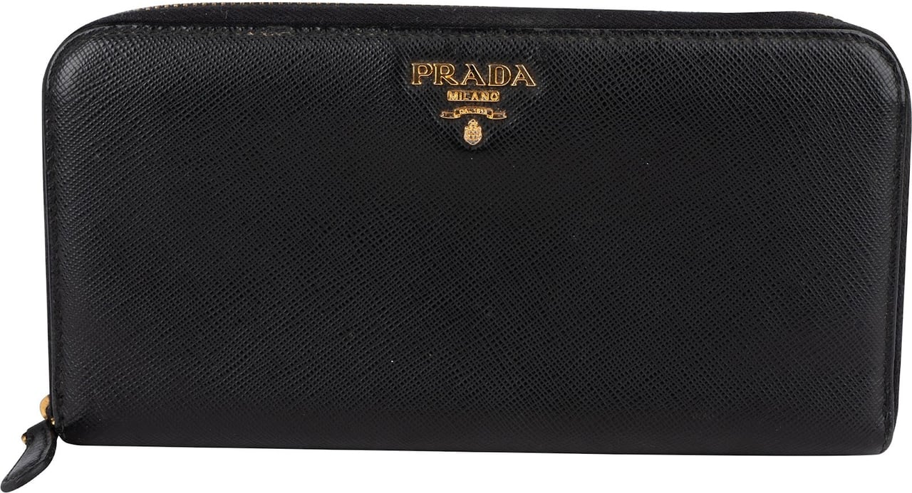 Prada Saffiano Leather Zip Around Wallet Zwart