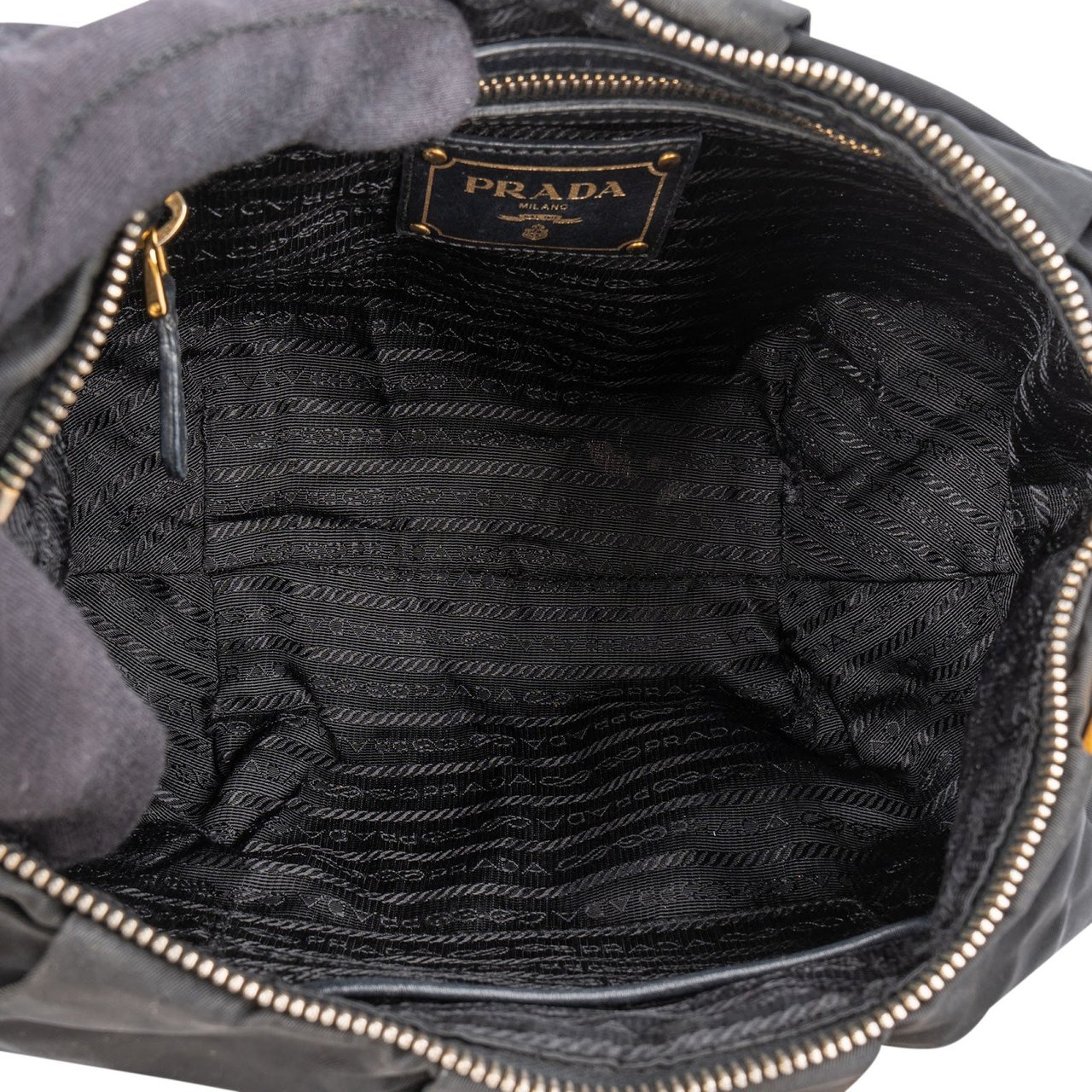 Prada Tessuto Gaufre Ring Triangle Hobo Shoulder Bag Zwart