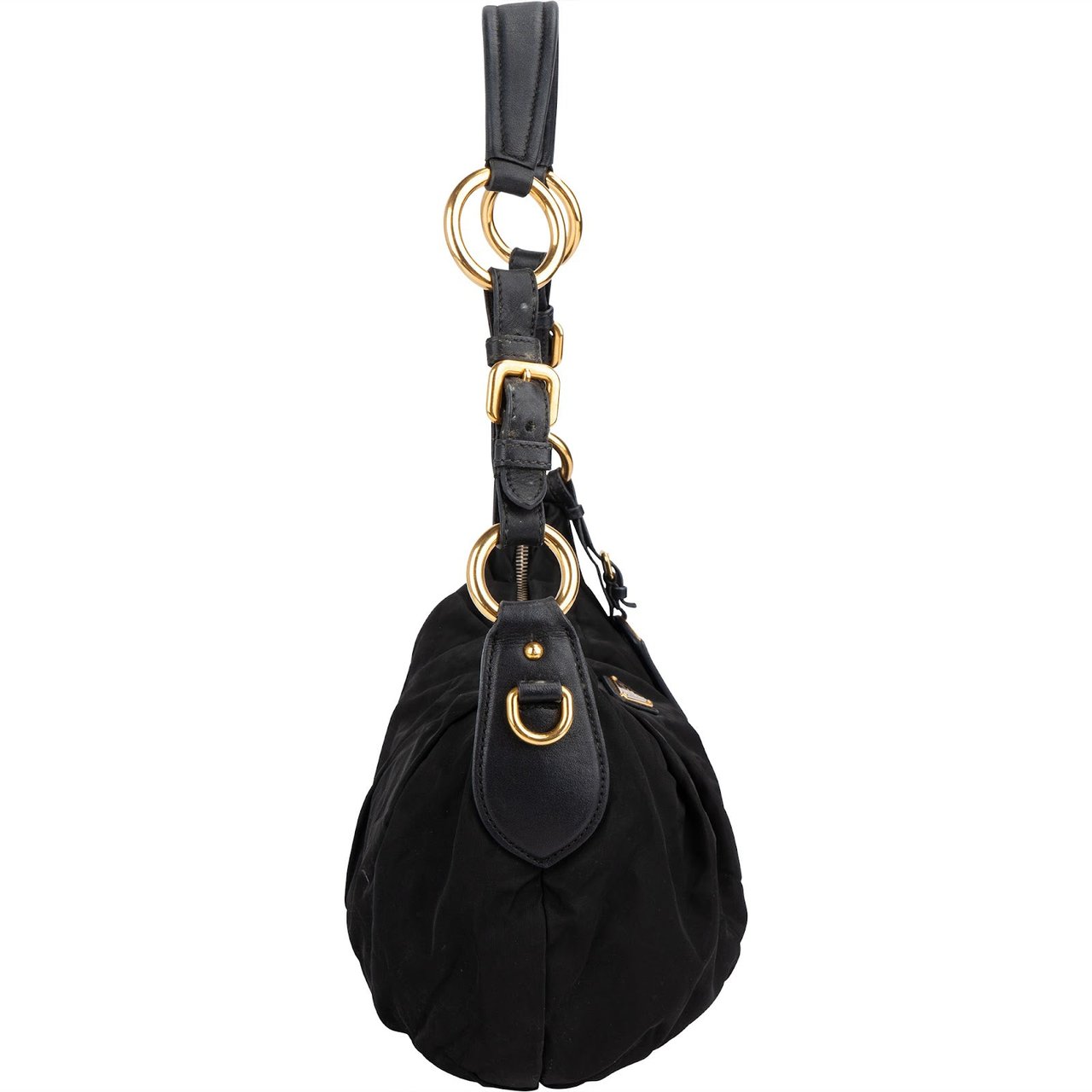 Prada Tessuto Gaufre Ring Triangle Hobo Shoulder Bag Zwart
