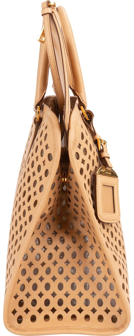 Prada Saffiano Leather Perforated Fori Tote Handbag Beige