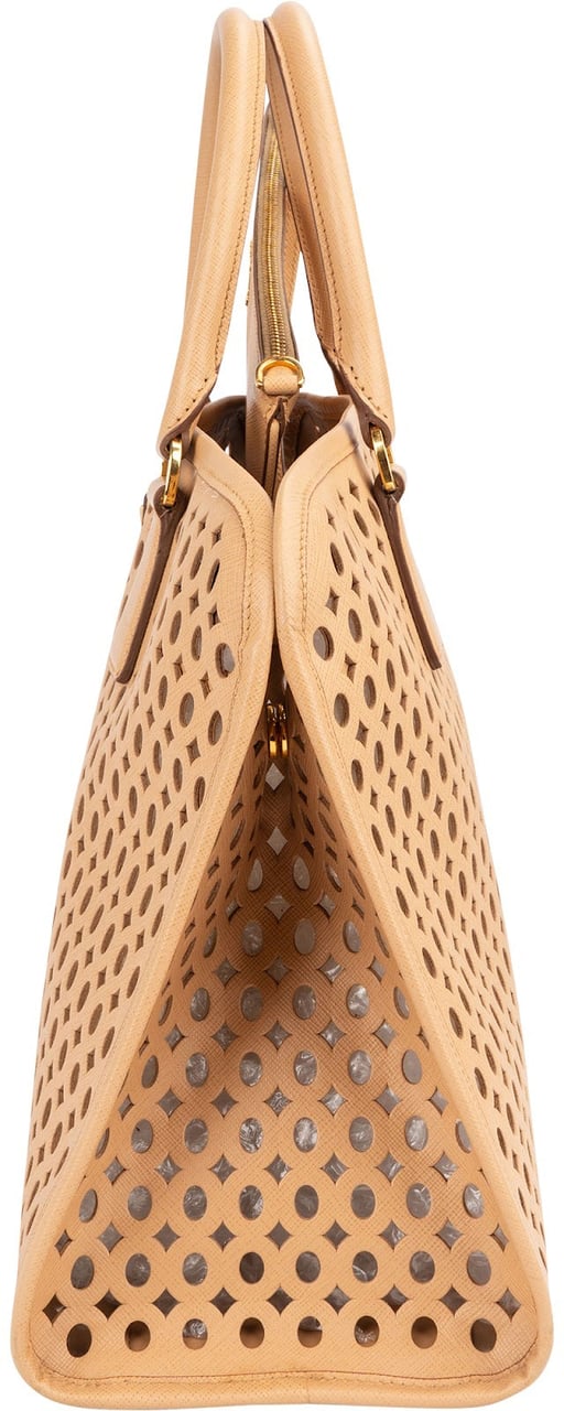 Prada Saffiano Leather Perforated Fori Tote Handbag Beige