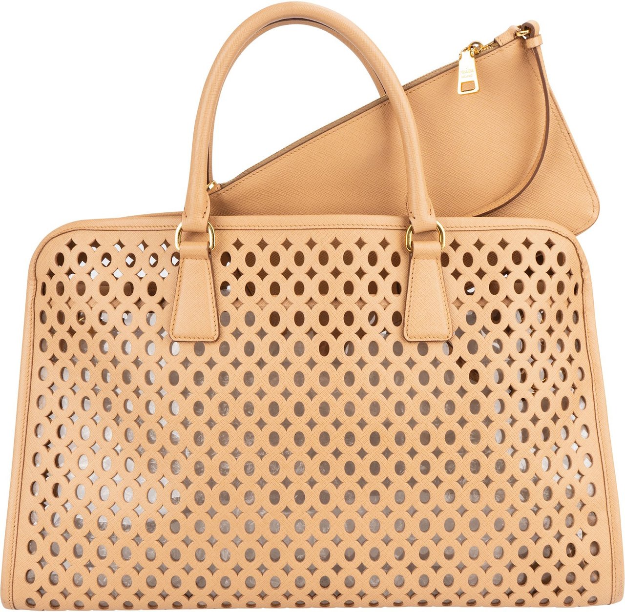 Prada Saffiano Leather Perforated Fori Tote Handbag Beige