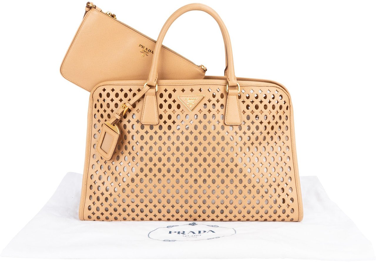 Prada Saffiano Leather Perforated Fori Tote Handbag Beige