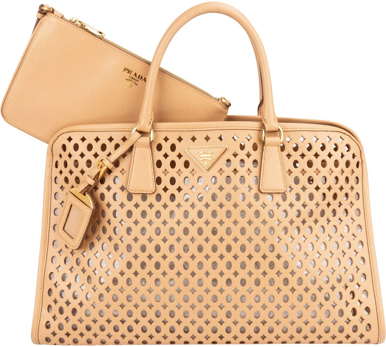 Prada Saffiano Leather Perforated Fori Tote Handbag Beige