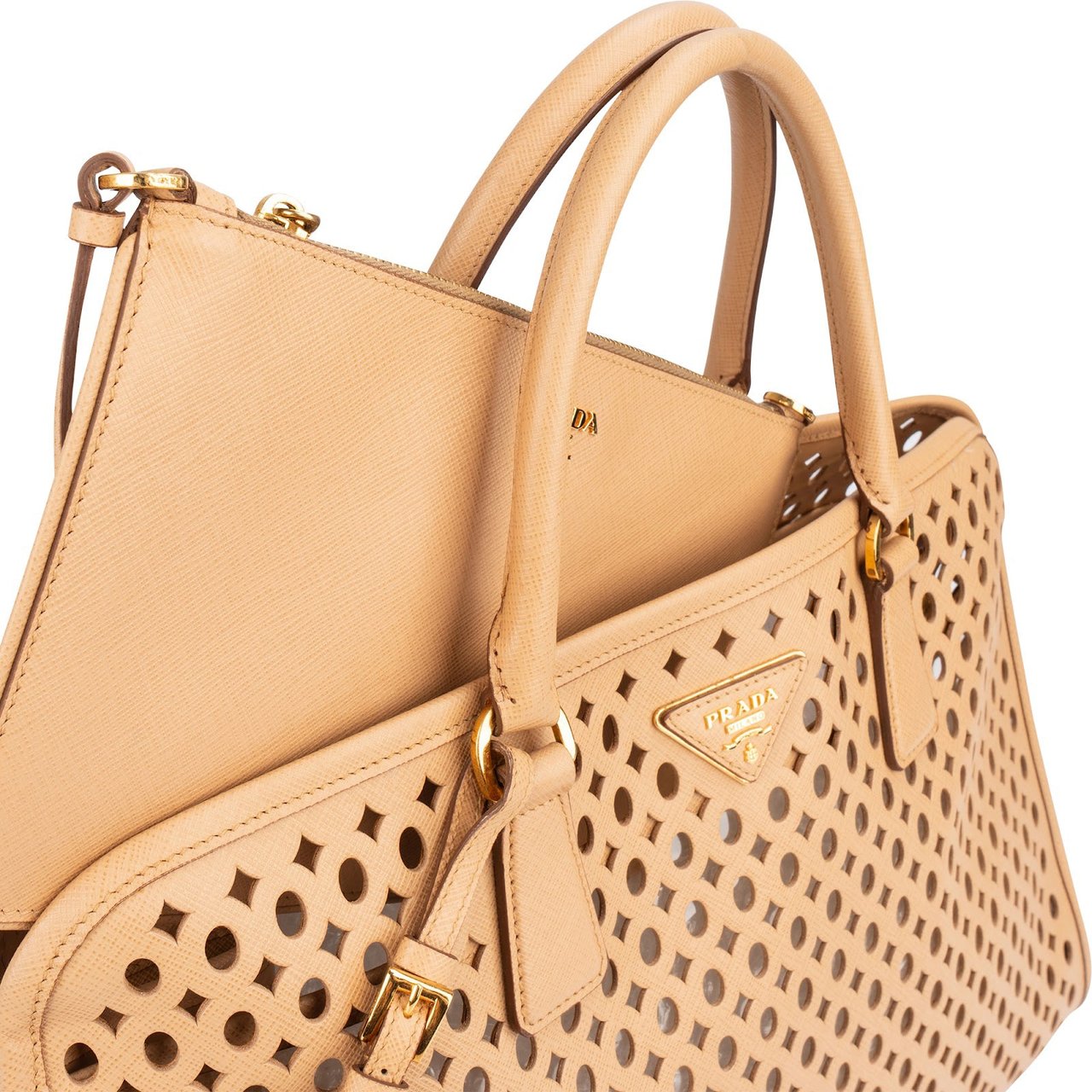 Prada Saffiano Leather Perforated Fori Tote Handbag Beige