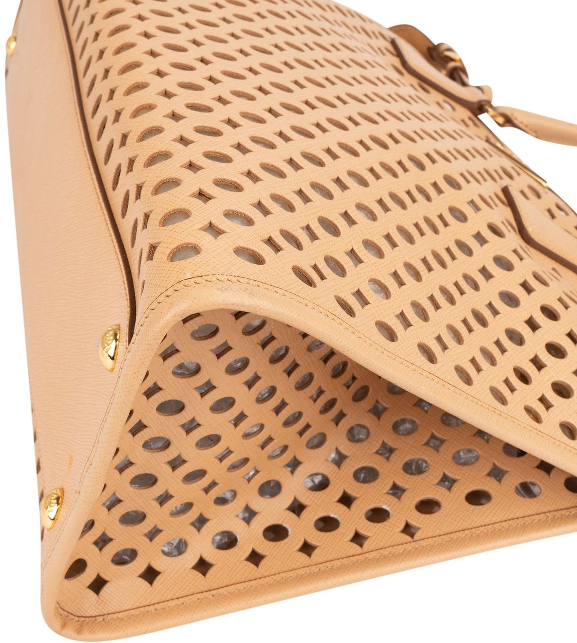 Prada Saffiano Leather Perforated Fori Tote Handbag Beige