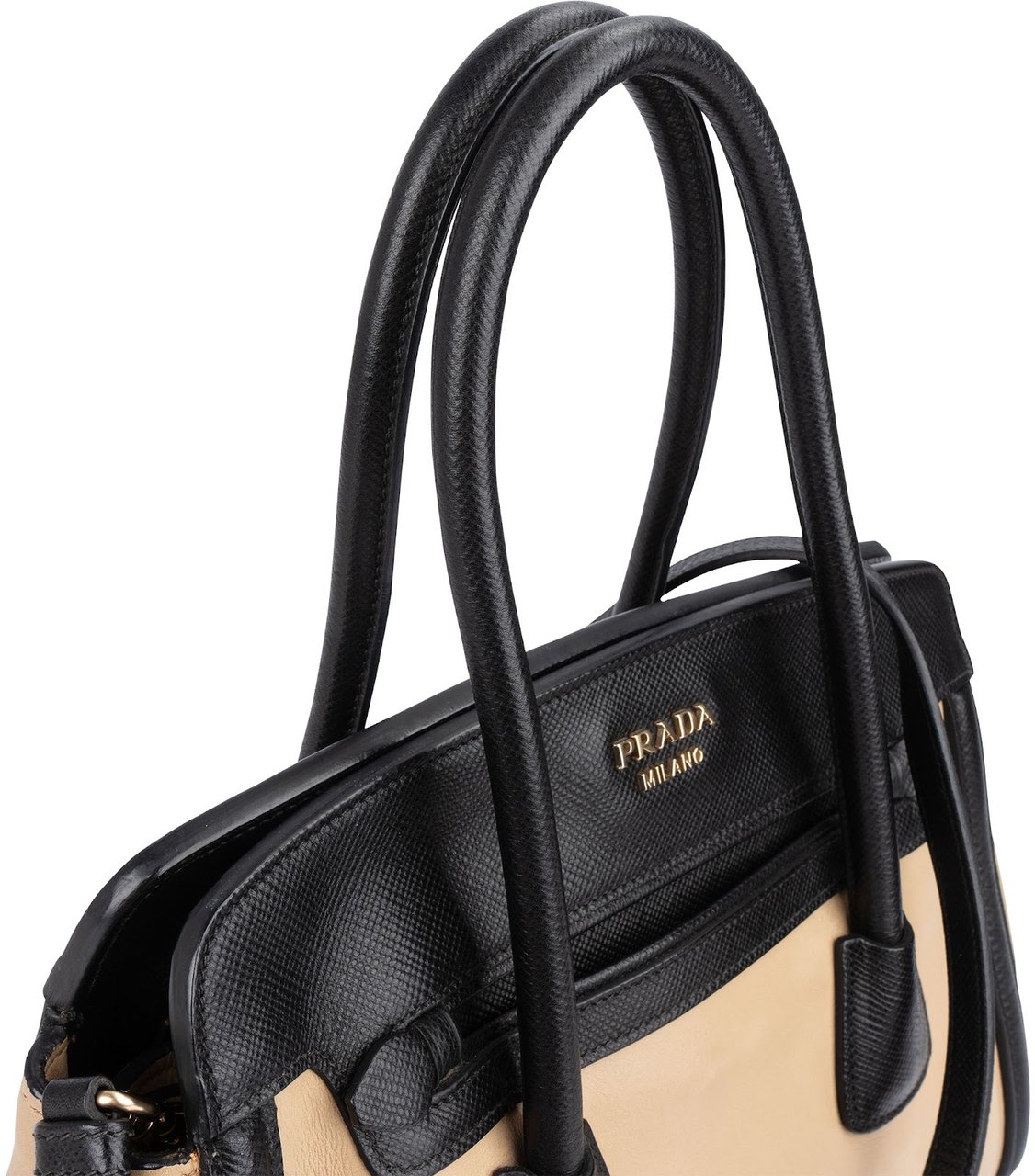 Prada Saffiano Bicolor Leather City Tote Handbag Beige