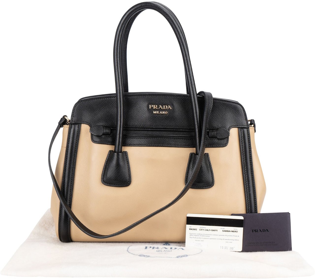 Prada Saffiano Bicolor Leather City Tote Handbag Beige