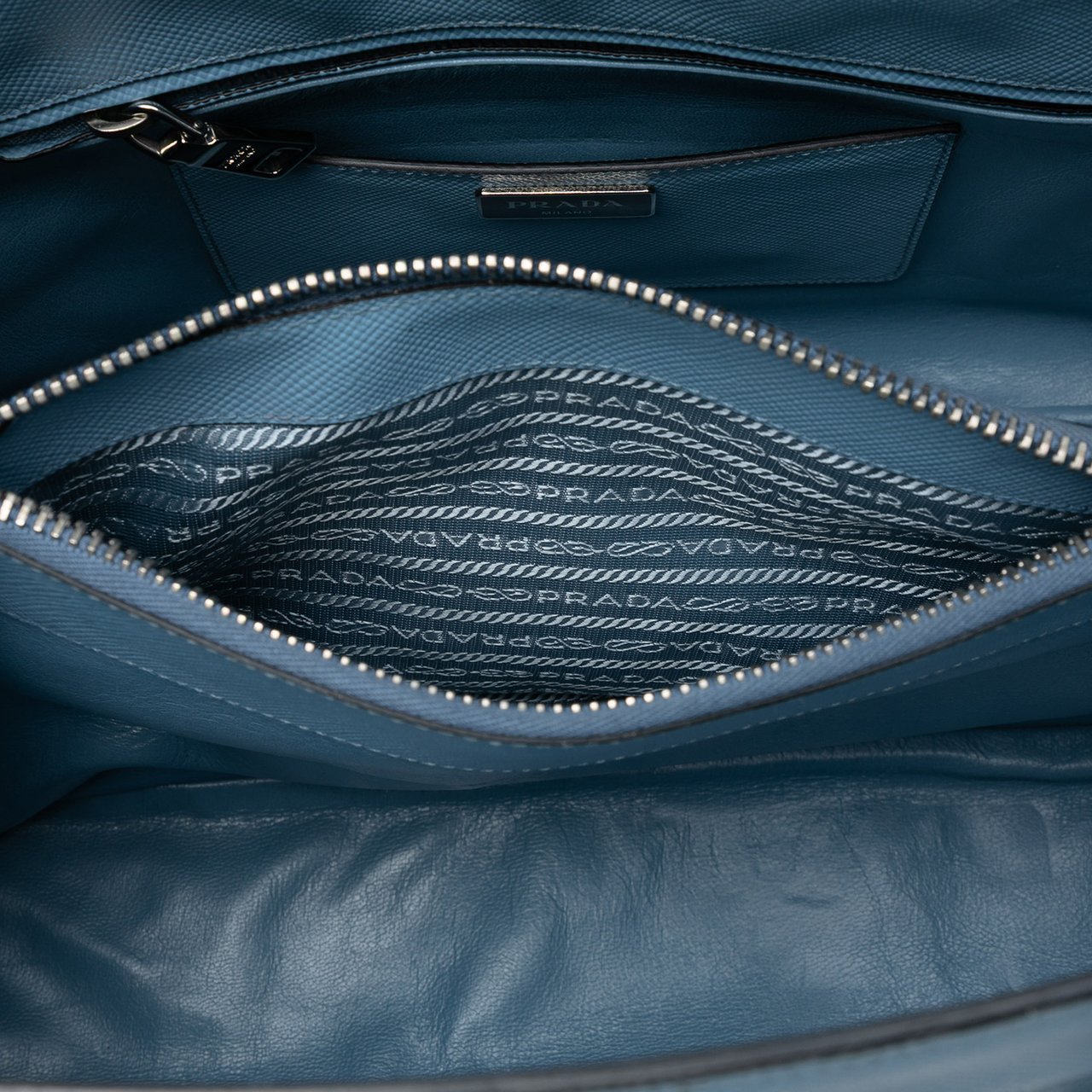 Prada Saffiano Cuir Turnlock Twin Satchel Blauw