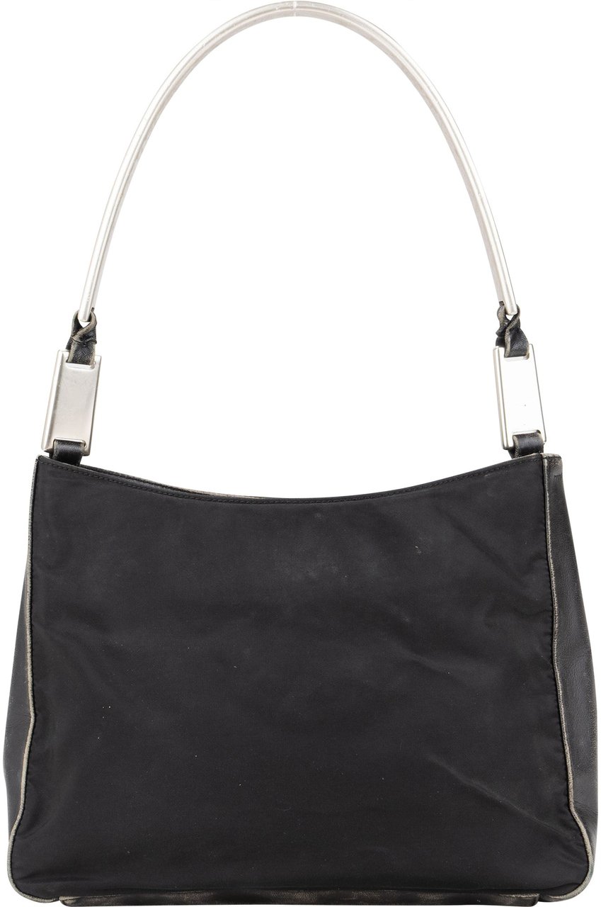 Prada Prada Black Nylon Triangle Metal Hobo Bag Zwart