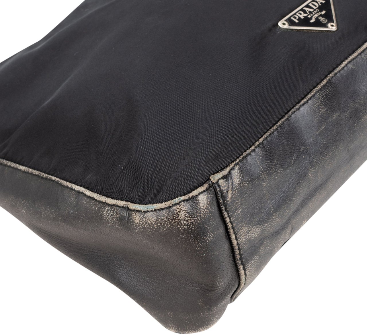 Prada Prada Black Nylon Triangle Metal Hobo Bag Zwart