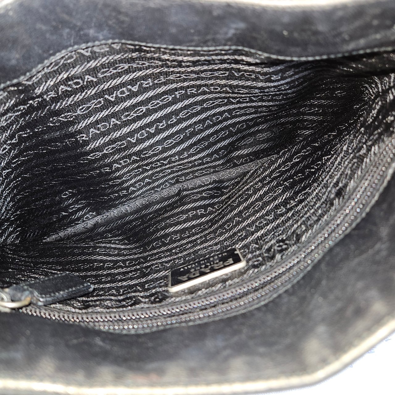 Prada Prada Black Nylon Triangle Metal Hobo Bag Zwart