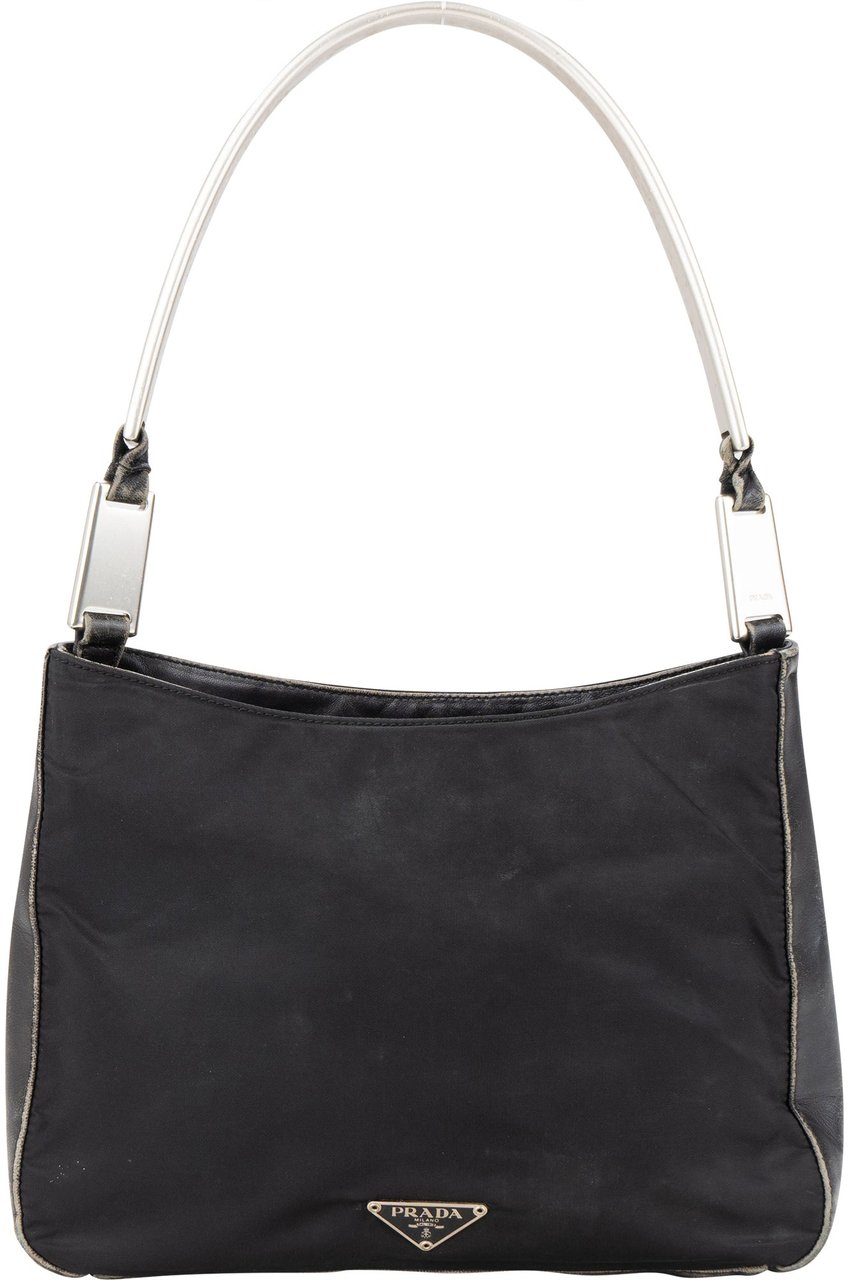 Prada Prada Black Nylon Triangle Metal Hobo Bag Zwart
