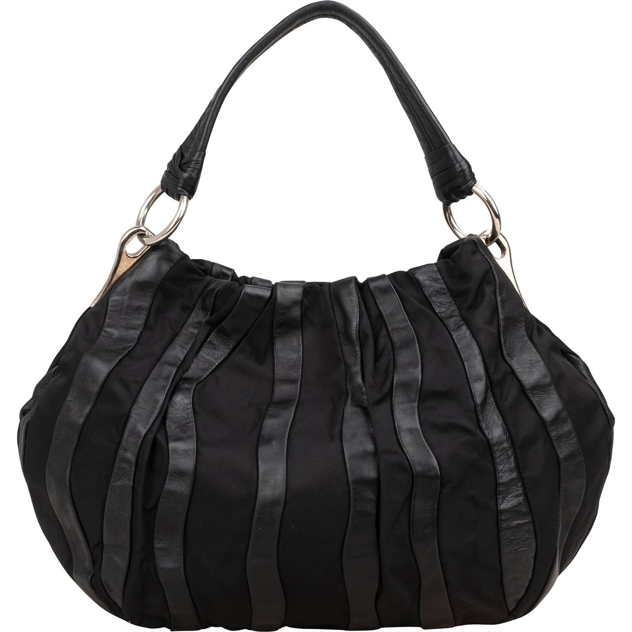 Prada Prada Tessuto Leather Striped Gauffre Hobo Handbag Zwart