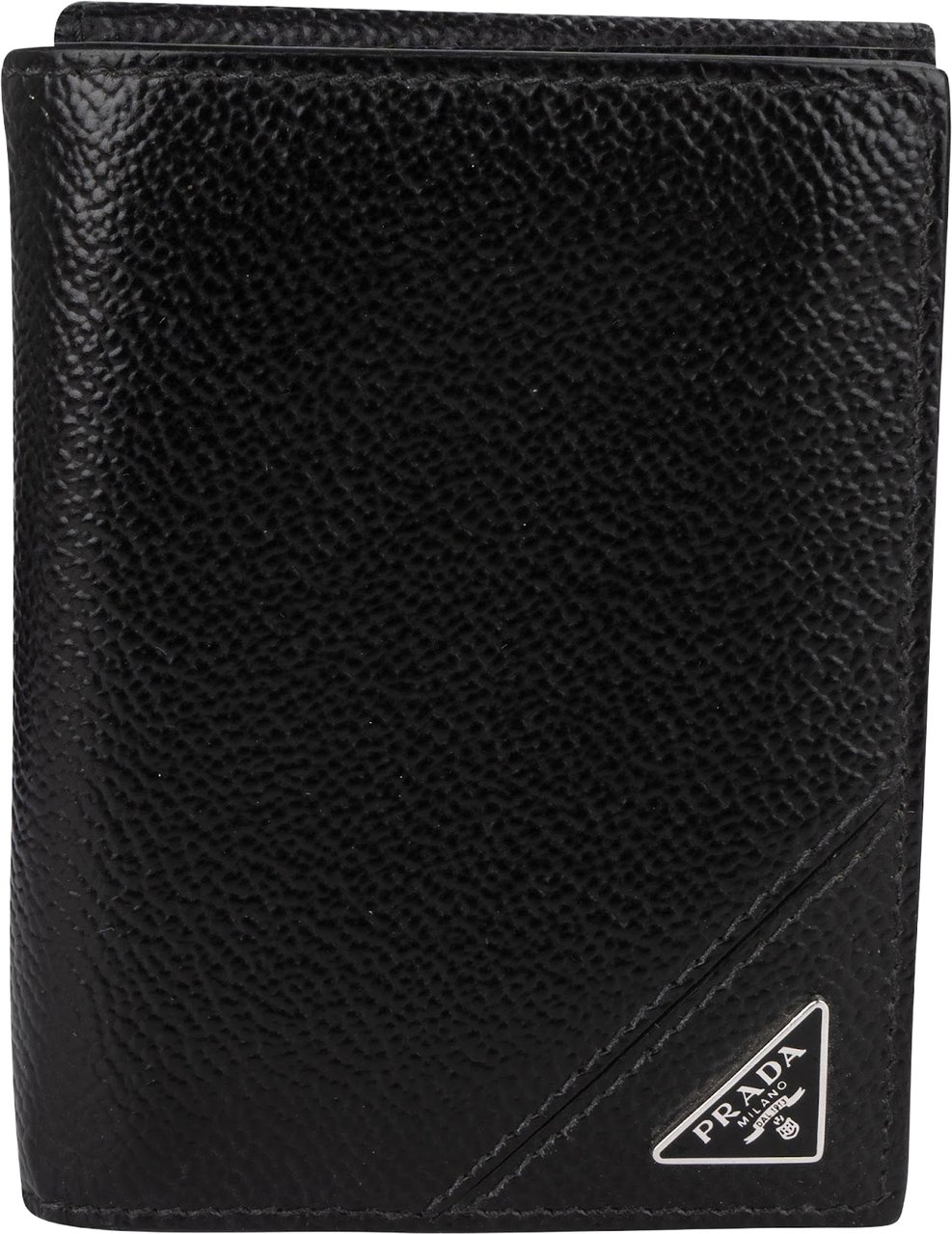 Prada Saffiano Corner Leather Small Vertical Bifold Wallet Zwart