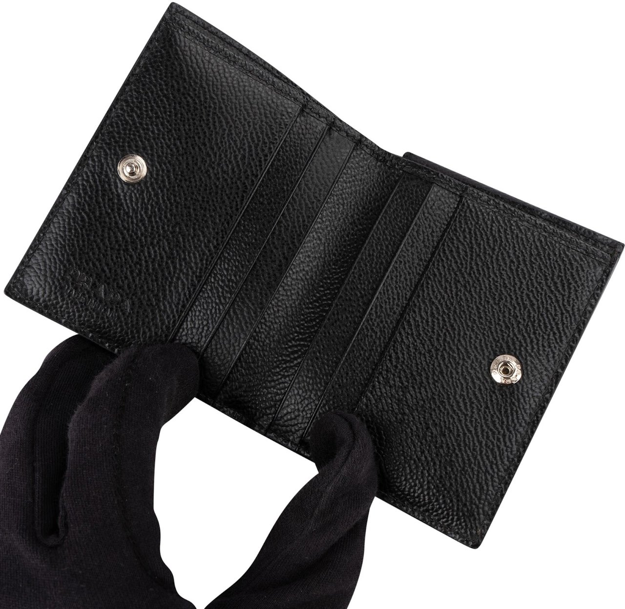 Prada Saffiano Corner Leather Small Vertical Bifold Wallet Zwart