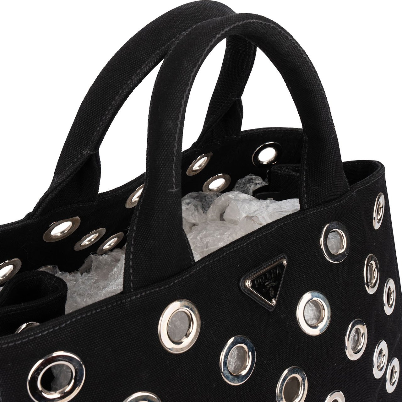 Prada Triangle Perforated Grommet Canapa Handbag Zwart