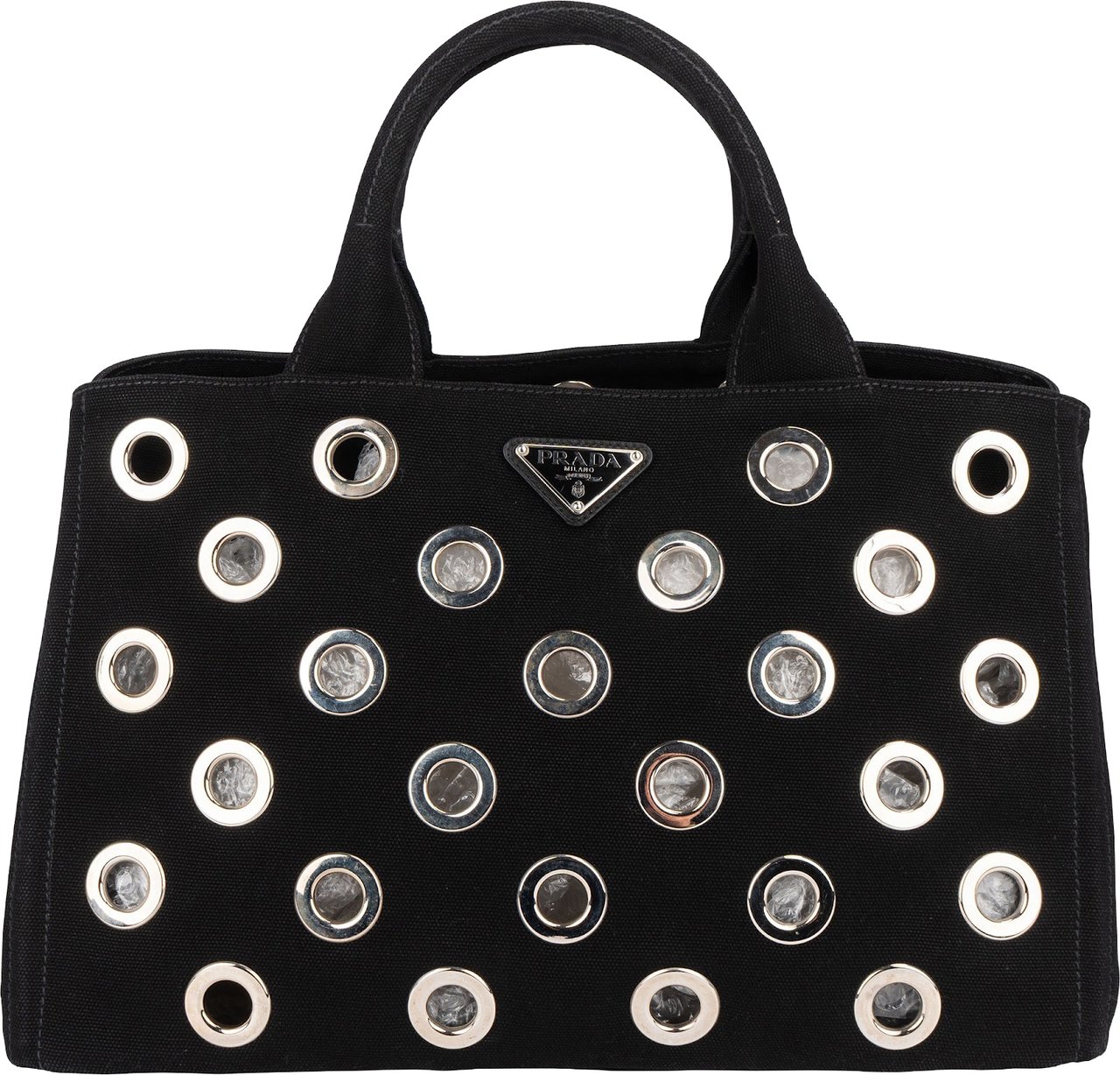 Prada Triangle Perforated Grommet Canapa Handbag Zwart