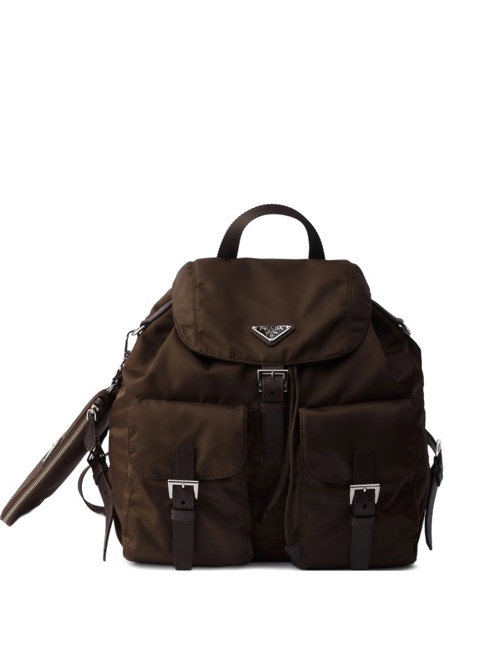 Prada Structured Re-Nylon Medium Backpack with Buckle Closure and Front Pockets Bruin