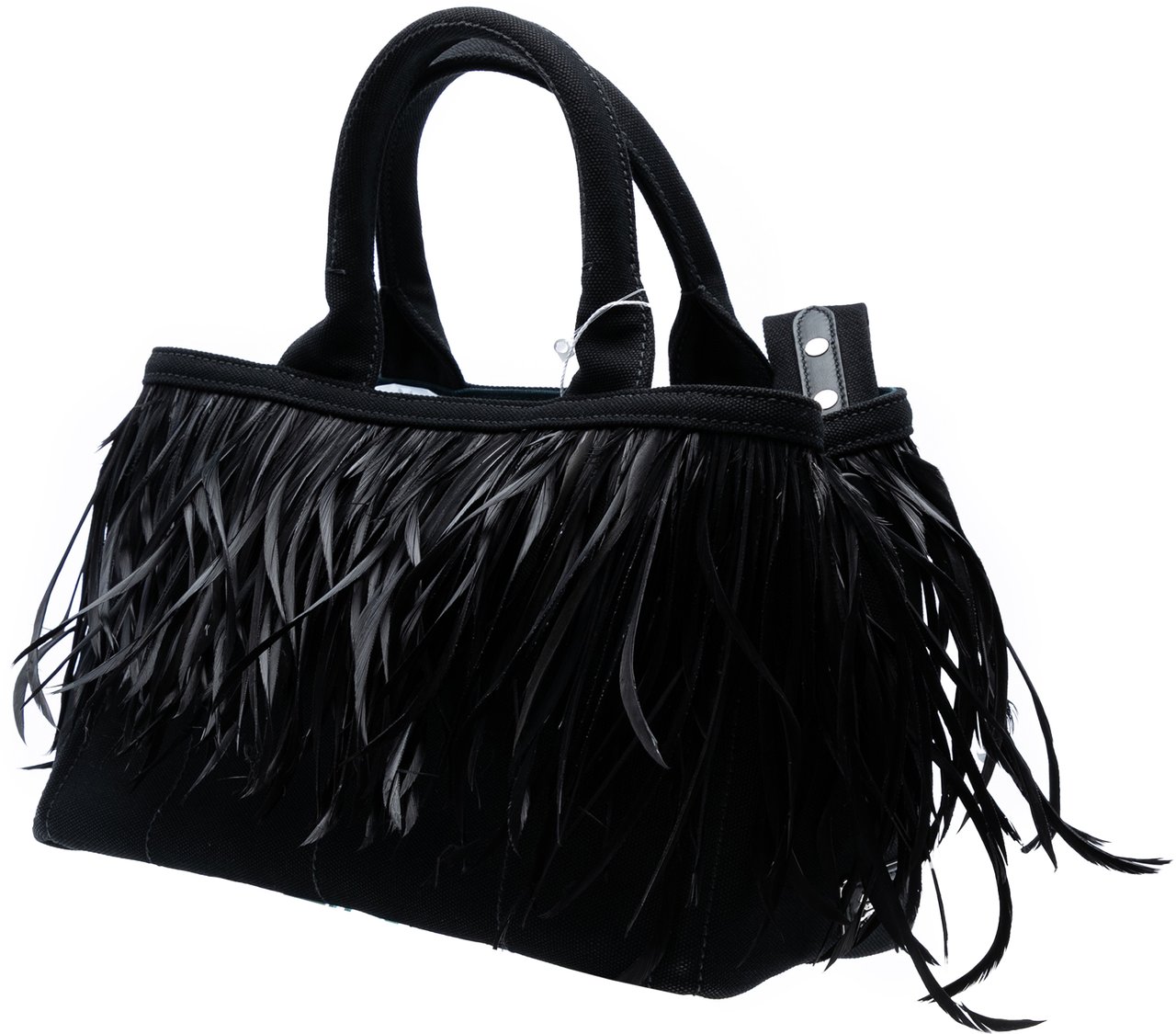 Prada Small Feather Trimmed Canvas Canapa Satchel Zwart