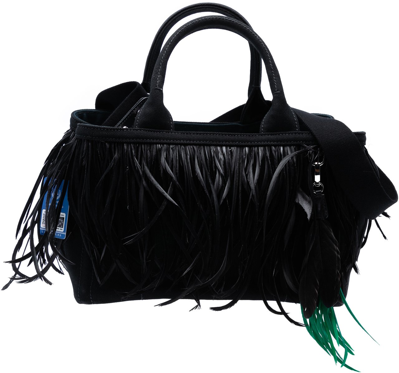 Prada Small Feather Trimmed Canvas Canapa Satchel Zwart