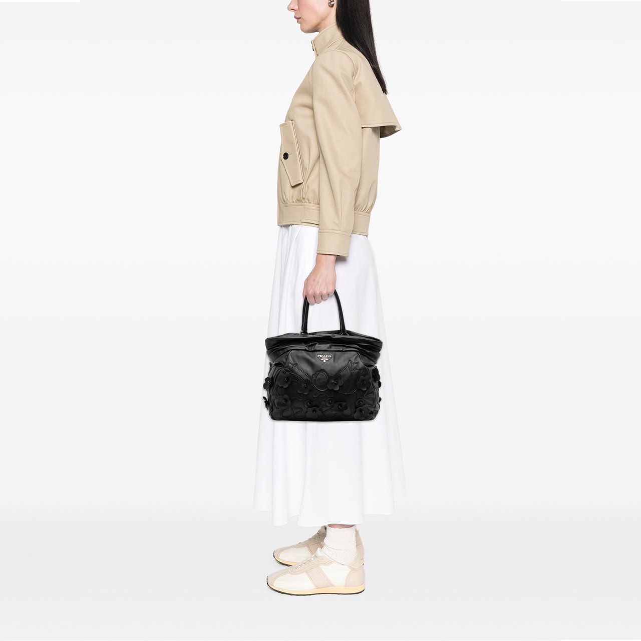 Prada Nappa Intarsio Flower Shopping Tote Zwart