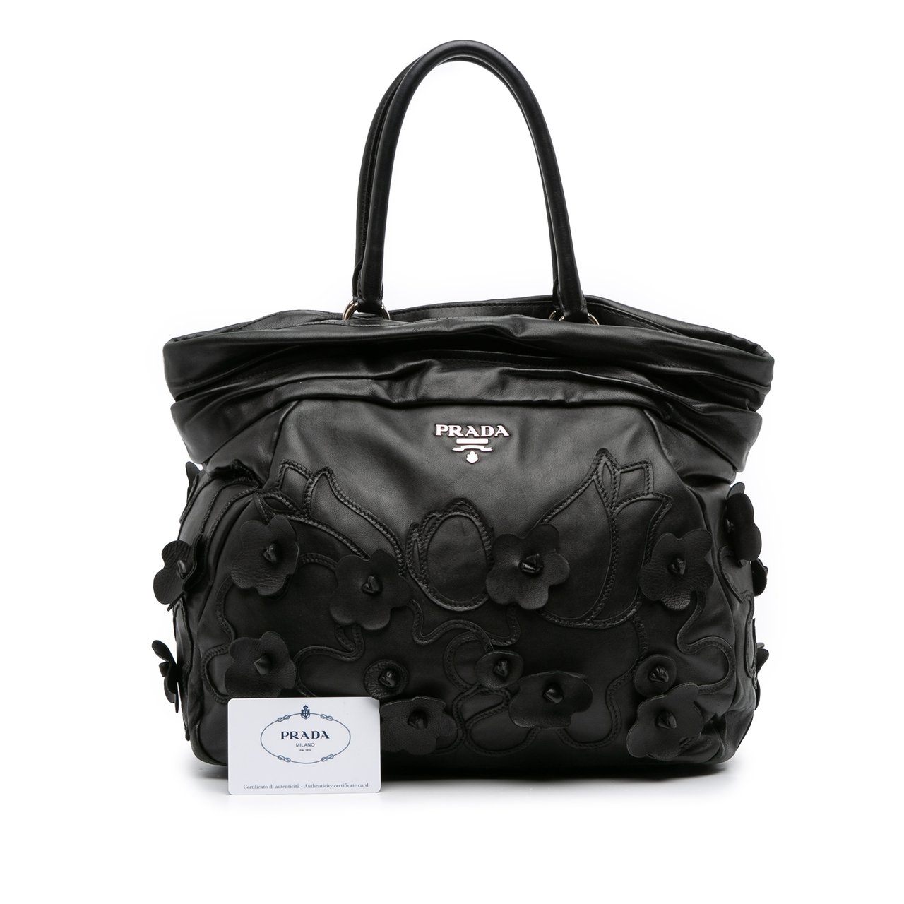Prada Nappa Intarsio Flower Shopping Tote Zwart