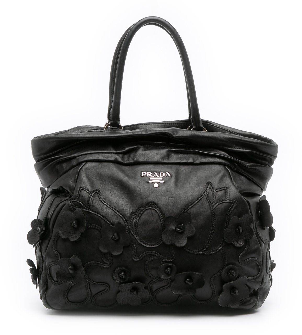 Prada Nappa Intarsio Flower Shopping Tote Zwart