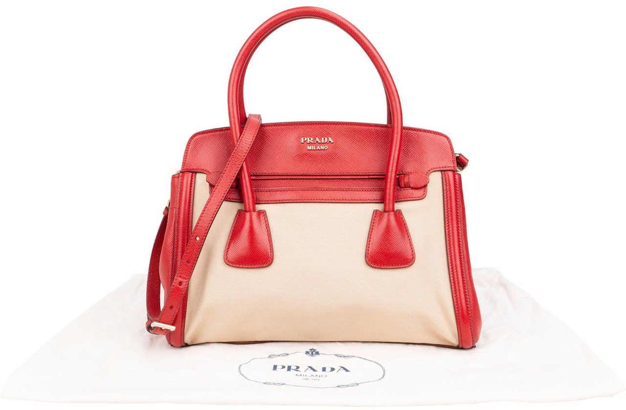 Prada Bicolor Saffiano & Canvas Handbag Rood