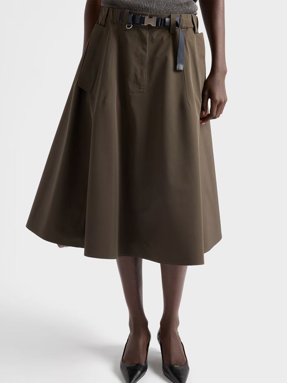 Prada Muted Olive Flared Midi Skirt Zwart